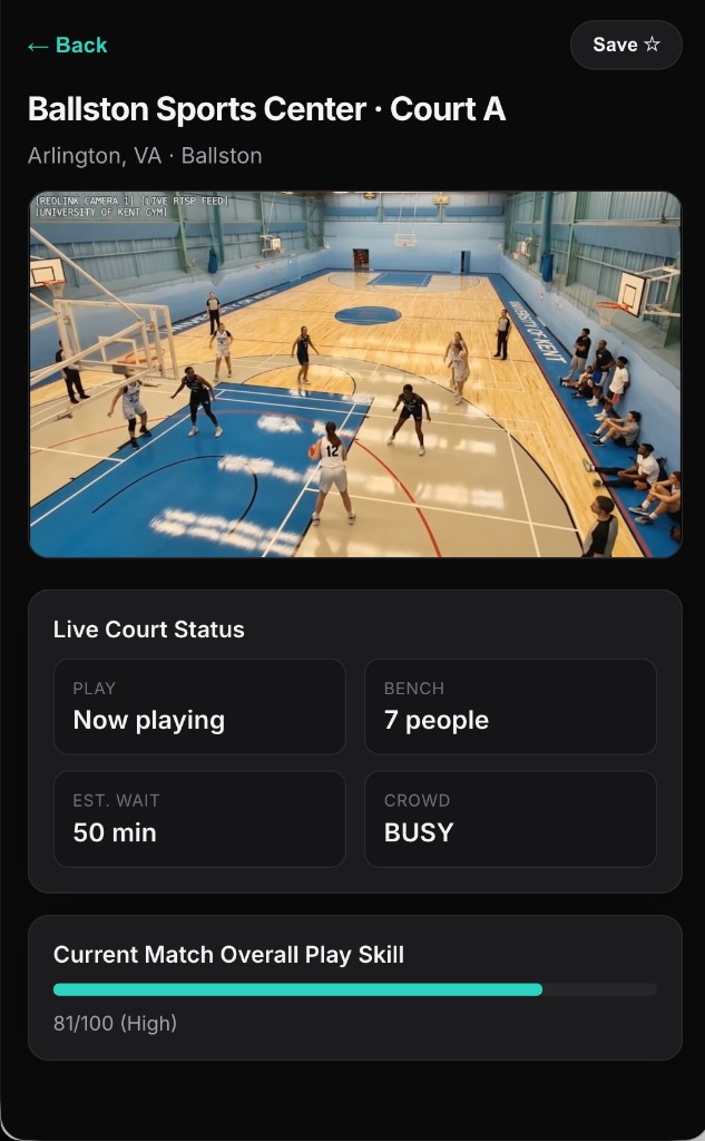 CourtLive court detail with video feed, status badge, and progress bars.